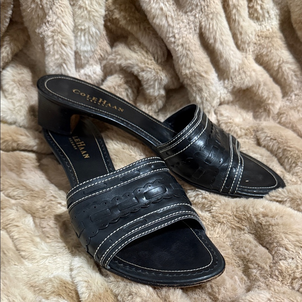 Cole Haan Black Leather Mules with Stitch Detail